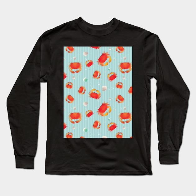 Red Crabs Pattern on Blue Long Sleeve T-Shirt by tanyadraws